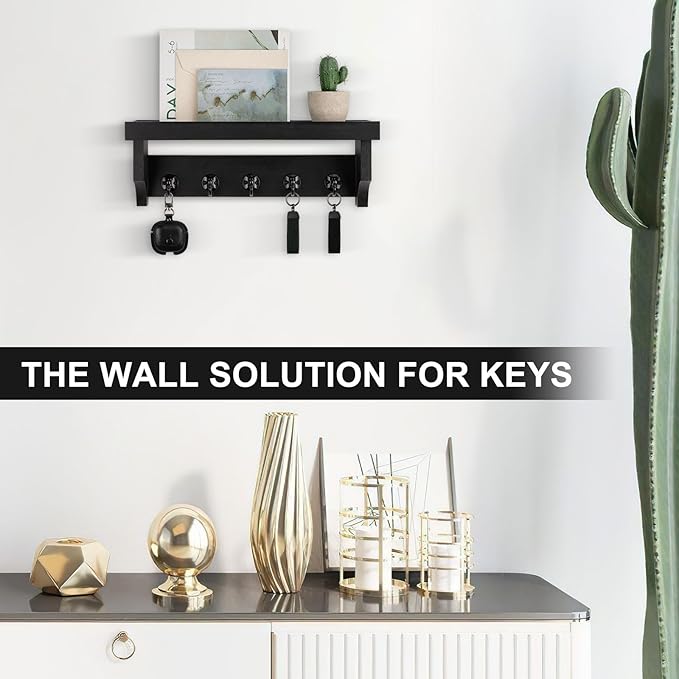 Key and Mail Holder Wall Mount, Key Holder with Shelf and Mail Organizer Wall Mount. Mail Holder with 5 Hooks for Coat, Dog L