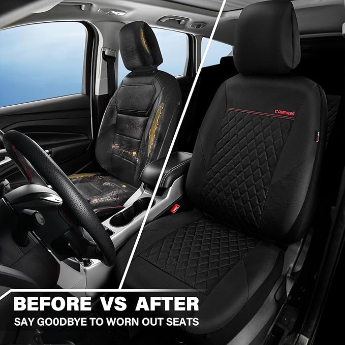 CAR PASS Quilting Leather Seat Cover Two Front Seats Only, Universal Fit Automotive Front Seat Covers Waterproof Deluxe PU Pr