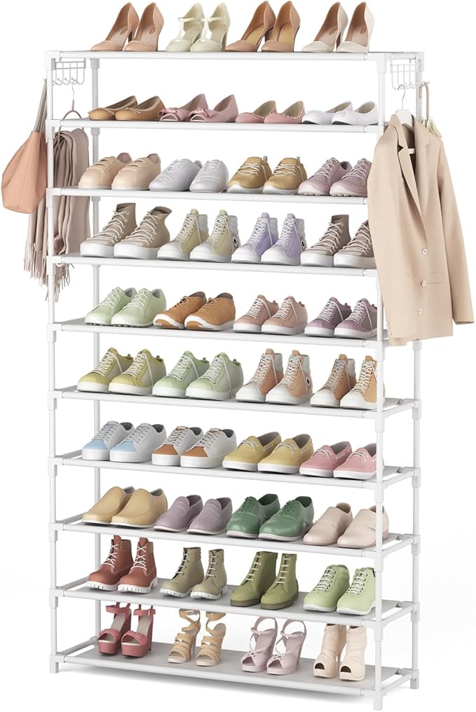 LANTEFUL 10 Tiers Shoe Rack 50 Pairs Large Capacity Tall Shoe Organizer Sturdy Shoe Storage with Two Hooks Space Saving Metal