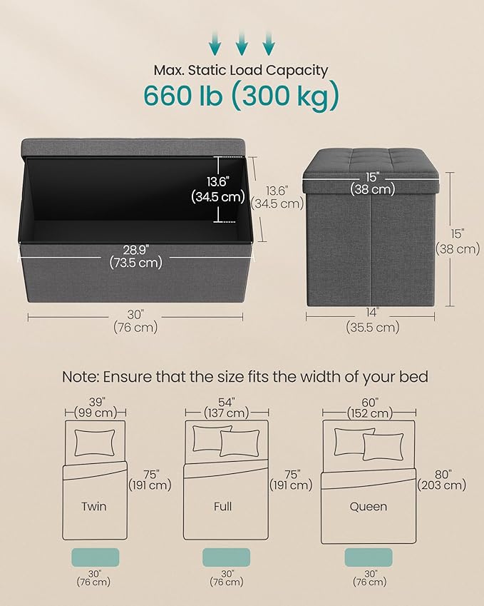 SONGMICS MAZIE Collection - 30 Inches Folding Storage Ottoman Bench, Ottoman Foot Rest, End of Bed Bench, Storage Chest, Load