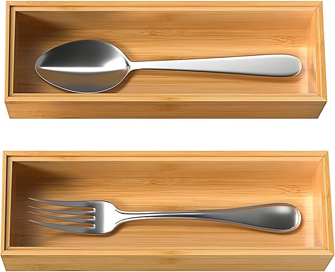 VeyFey Silverware Tray for Drawer, Stackable Kitchen Bamboo Drawer Organizer 9" x 3" x 2" Set of 2