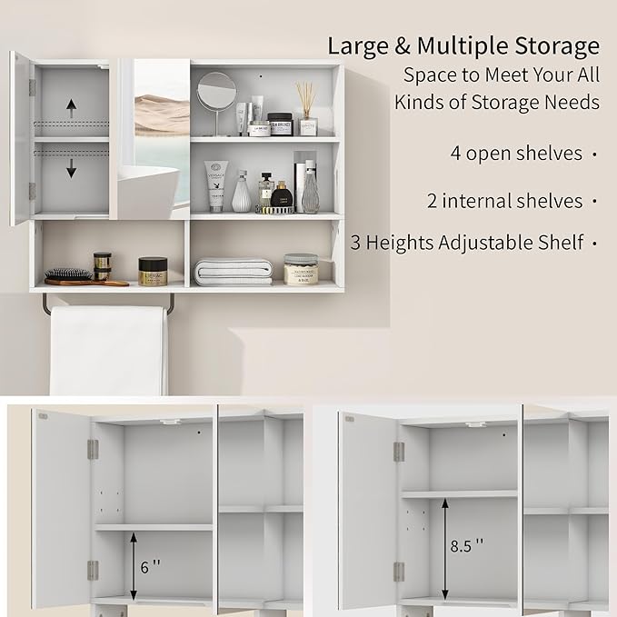 Medicine Cabinet, Wooden Bathroom Wall Cabinet with 2 Doors, Adjustable Shelves & Towel Bar, Over Toilet Storage Cabinet Wall