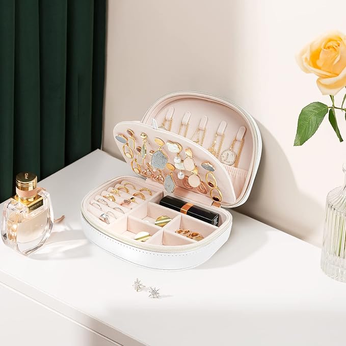 ProCase Travel Size Jewelry Box, Medium Portable Seashell-Shaped Jewelry Case, 2 Layer Mini Jewelry Organizer in PU Leather f