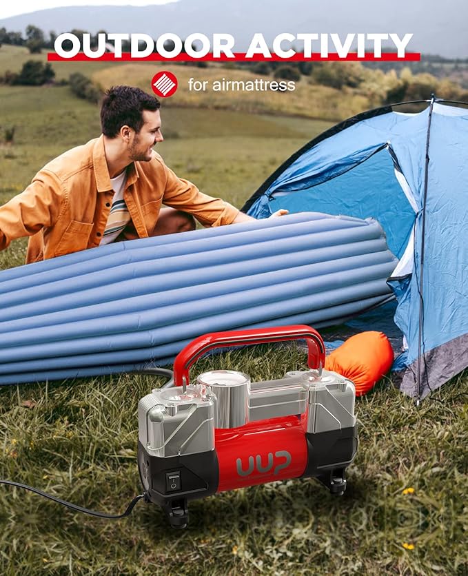 Tire Inflator Air Compressor, 150PSI 12V DC Double Cylinders Heavy Duty Portable Air Pump w/Emergency LED Light for Truck, SUV, Car, RV (red)