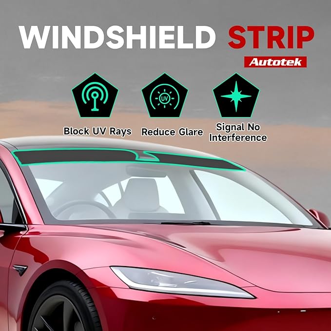 AUTOTEK Windshield Sun Strip for Tesla Model 3 2024-2026, 2 Ply Front Windshield Strip Tint Heat Blocker & UV Protection, Anti-Glare Precut Sunshade Window Tint Film, Car DIY Accessories