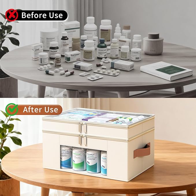 Medicine Organizer for Cabinet, 2-Tier Foldable Medicine Storage Box with Clear Cover and Leather Handle, Empty First Aid Kit