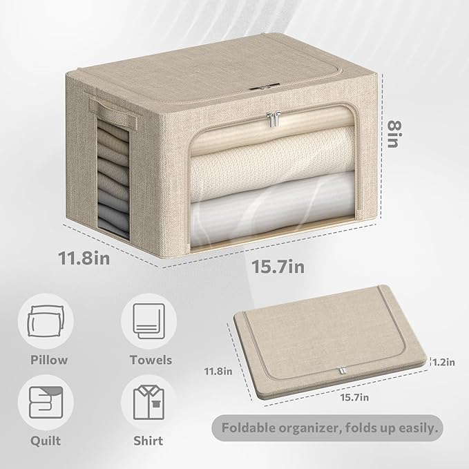 CYhom 4 Pack Clothes Storage Bins with Metal Frame - Linen Fabric Foldable Stackable Container Organizer Set with Clear Windo