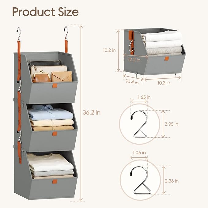 Homsorout Collapsible Hanging Closet Organizer - 3 Tier Closet Shelves Storage System with Hooks, Fabric Hanging Storage Bins
