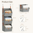 Homsorout Collapsible Hanging Closet Organizer - 3 Tier Closet Shelves Storage System with Hooks, Fabric Hanging Storage Bins