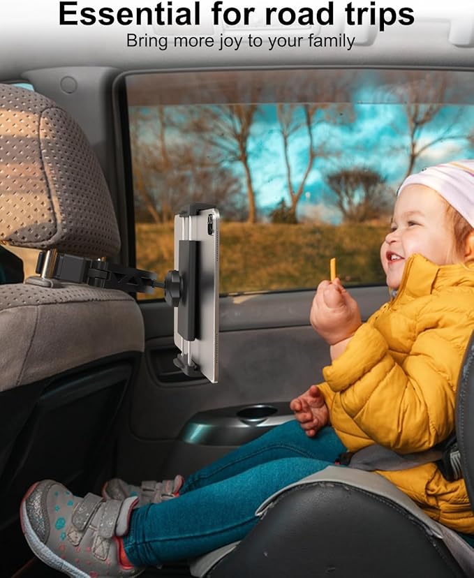 Backseat Tablet Holder for Car Headrest, Anti-Shake Adjustable Arm Mount for Kids, Foldable Car Tablet Mount for Road Trips, Fits iPad Pro/Air/Mini, Galaxy Tab, Fire (4-13”)