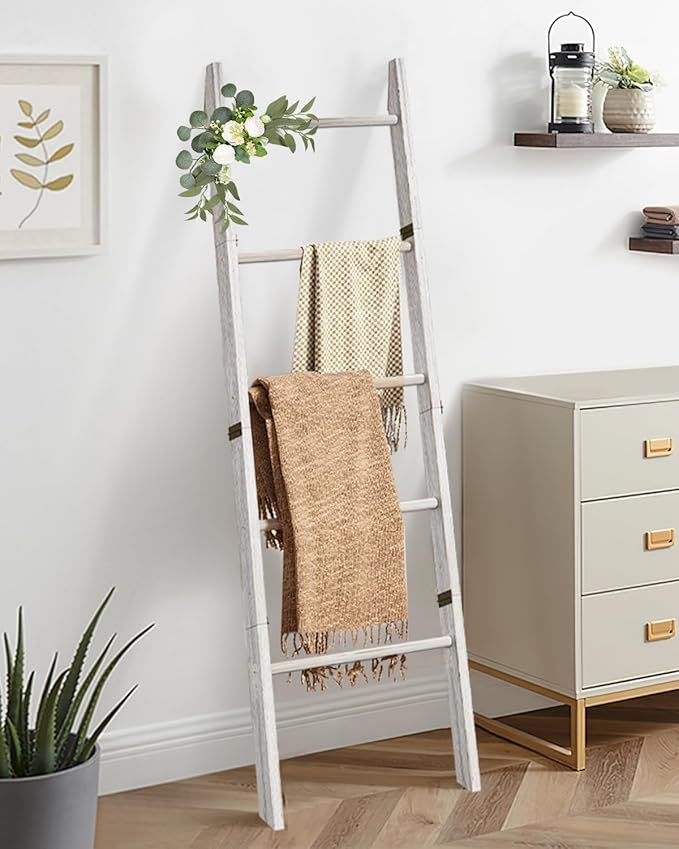 XLHOMO Blanket Ladder for Living Room, 5-Tier Wooden Ladder Shelf, Rustic Decorative Blanket Rack for Blankets, Quilts, Farmh