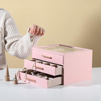 Frebeauty Clear Lid Jewelry Box,3-Layer Jewelry Organizer with Drawer,PU Leather Jewelry Organizers and Storage,Jewelry Boxes