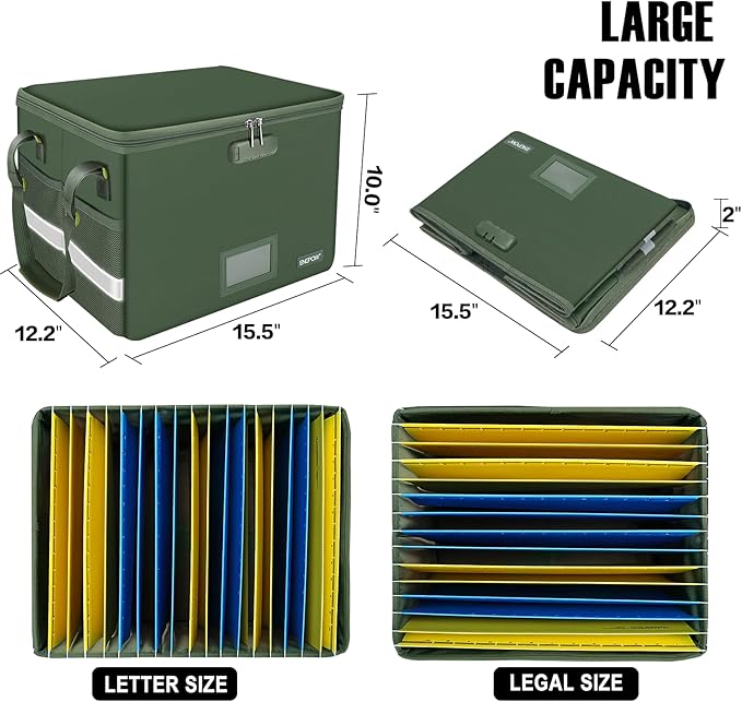 ENGPOW File Box with Lock, Fireproof Document Box with Pockets, Collapsible File Organizer Filing Storage Cabinet with Handle