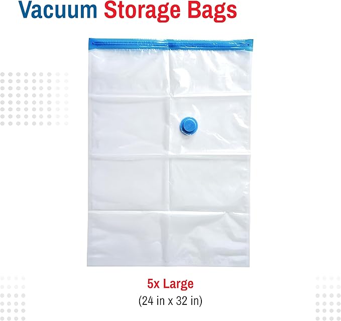 5 Pack Large Vacuum Storage Bags for Comforters, Blankets & Clothes – Vacuum Sealed Compression Bags with Hand Pump – Space S