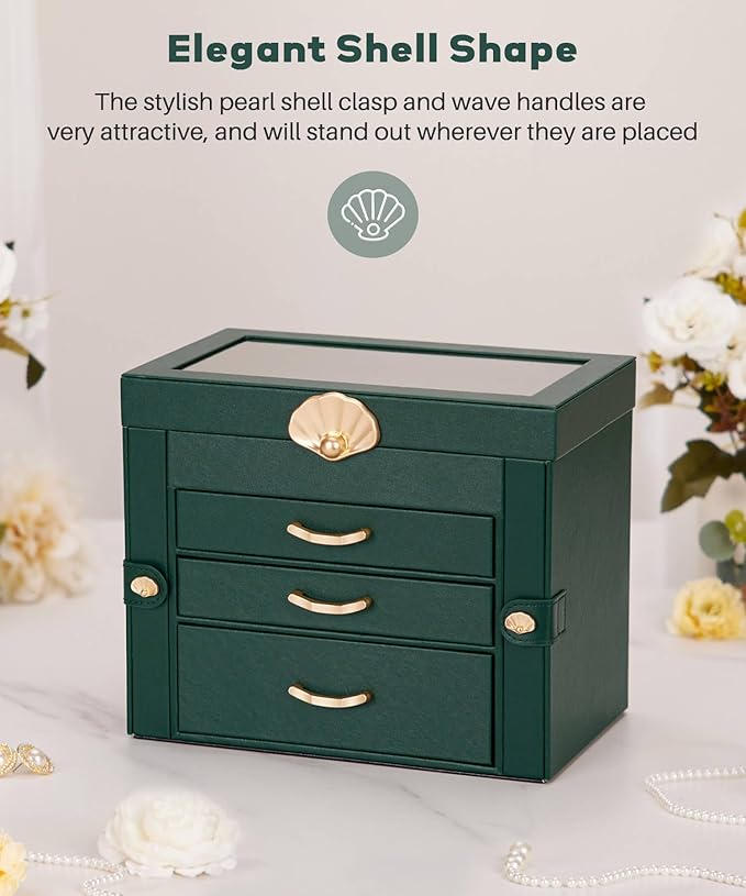 Enthralite Jewelry Box with 3 Drawers: Display Organizer for Earrings Necklaces - Gifts for Girls Women (Forest Green)