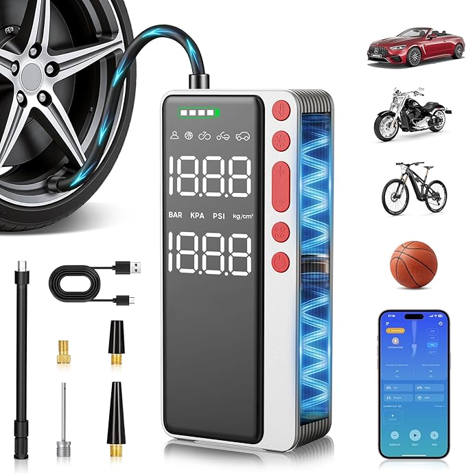 Tire Inflator Portable Air Compressor, Silver Smart Air Pump for Car Tires, All-in-One Storage Bike Tire Pump with LED Light, 10000mAh&150PSI Pump for Motor, Bicycle and More, Auto Shut-Off