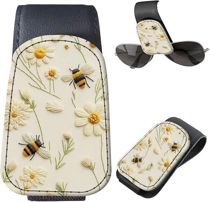 Sunglasses Holder for Car Visor, PU Leather Glasses Clip Organizer, Cute Magnetic Eyeglass Holder for Vehicle Sun Visor, Car Interior Accessory for Women & Men Bee Daisy Cream
