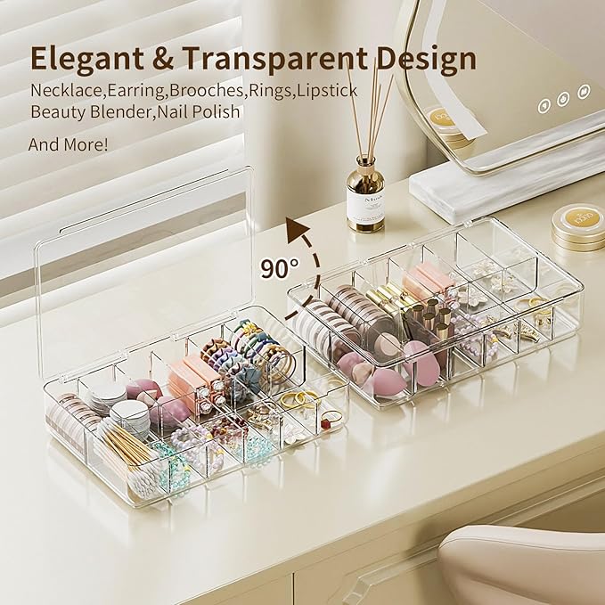 Clear Acrylic Makeup Organizer with Cover - 12 Compartments Cosmetic and Jewelry Organizer for Vanity and Desk Storage