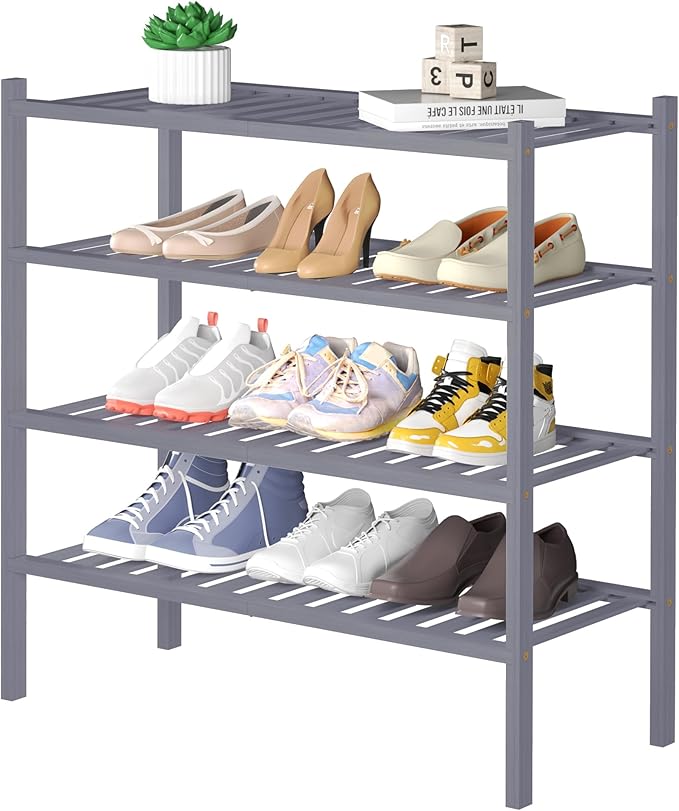 ROMGUAR CRAFT 4 Tier Bamboo Shoe Rack for Closet Free Standing Wood Shoe Shelf for Entryway Small Space Stackable 27"x11"x26"