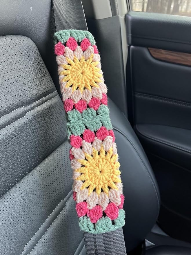 Crochet Sunflower Car Steering Wheel Covers Universal 14-15 inch for Women/Men (B:Wheel Cover+2 Belt Cover)