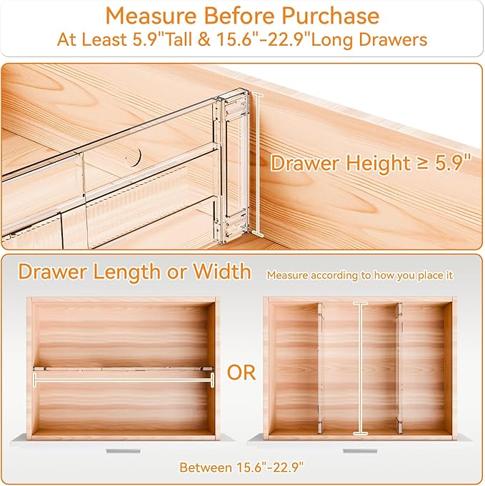 Yieach 12 Pack Clear Acrylic Drawer Divider 6 Inch High,Expandable from 14-20'',Adjustable Dresser Drawer Dividers for Baby C