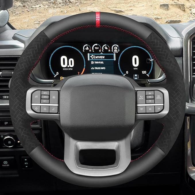 MEWANT Steering Wheel Cover for Ford F150 Lightning F350 2024 Expedition Made of Black Real Leather Embossed Athsuede