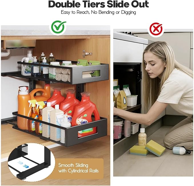 2 Packs 19IN Depth Under Sink Organizer, 2-Tier Pull Out Cabinet Organizer With Smooth Circular Rail, Large Capacity Metal Me