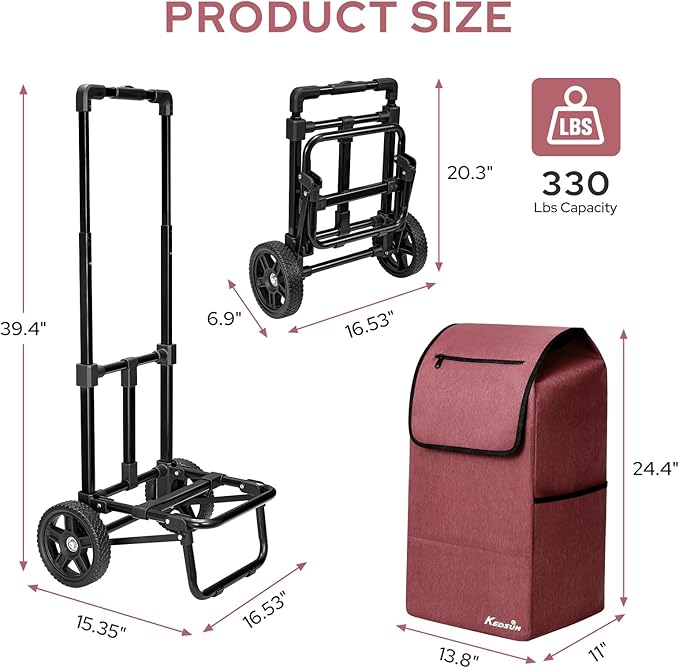 KEDSUM 2 in 1 Shopping Carts for Groceries, 330 lbs Grocery Cart on Wheels, Foldable Utility Carts with Wheels, Load-Bearing Hand Truck with Waterproof Bag for Shopping, Camping, Laundry, Garden, Red