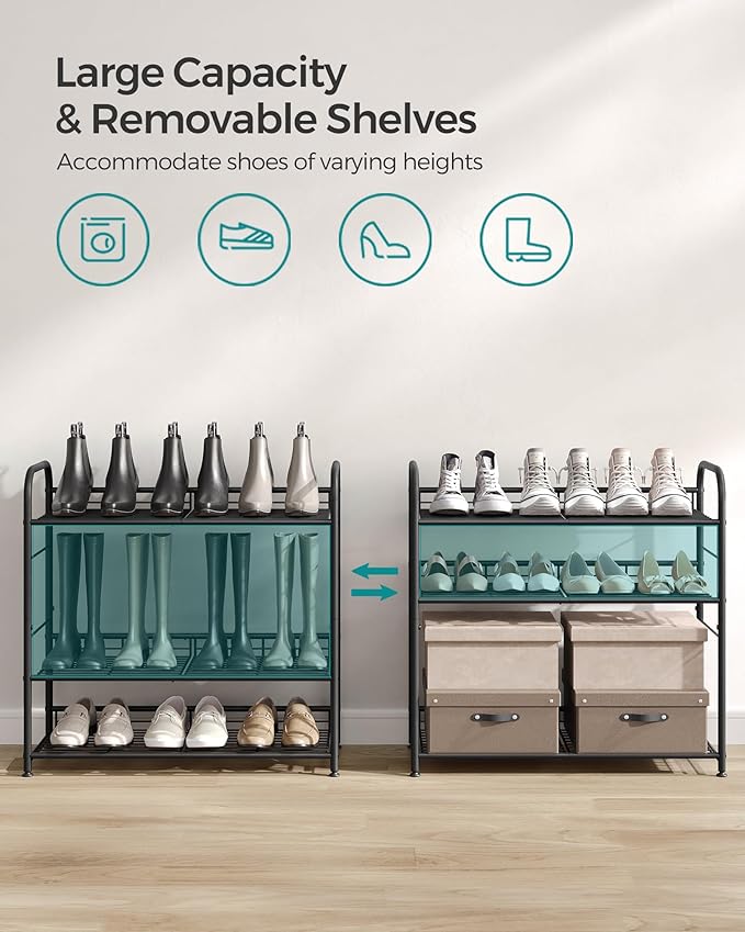 SONGMICS Stackable Shoe Rack, 4 Tier Metal Shoes Rack Storage Shelf, Holds up to 16 Pairs Shoes, Adjustable Slanted Shelves S