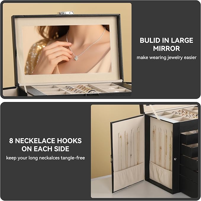Frebeauty Large Jewelry Box,6-Tier PU Leather Jewelry Organizer,Multi-functional Storage Case with Mirror,Accessories Holder 
