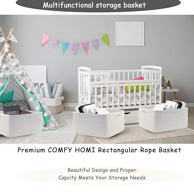 COMFY-HOMI 3 pcs Large Storage Baskets for Shelves, Laundry Basket, Woven Rope Basket, Closet Organizer Bins for Clothes Blan