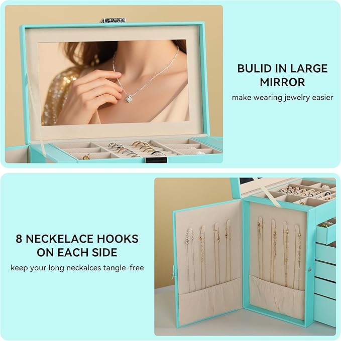 Frebeauty Large Jewelry Box,6-Tier PU Leather Jewelry Organizer,Multi-functional Storage Case with Mirror,Accessories Holder 