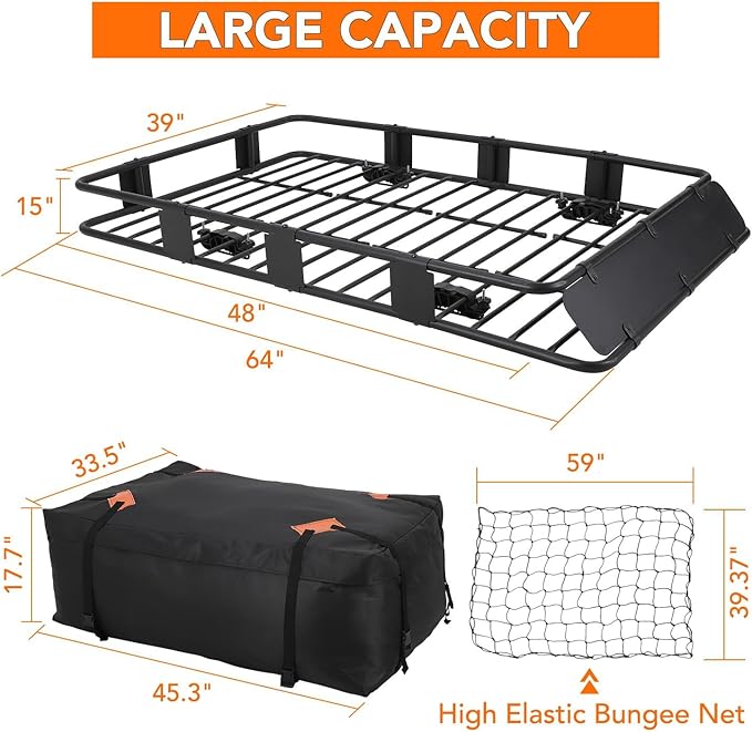Heavy Duty Roof Rack Basket 64" x 39" - Adjustable Rooftop Cargo Carrier for SUV/Truck/Van w/Waterproof Bag, 200LB Capacity Universal Steel Roof Basket