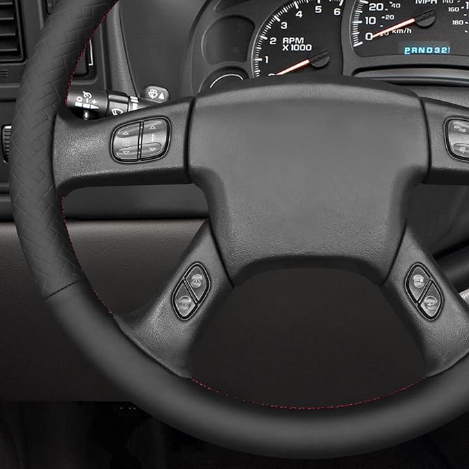 MEWANT Hand Stitched Steering Wheel Cover for Chevy Silverado 1500 2003-2006 Black Genuine Leather Steering Wheel Wrap