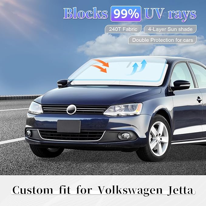 Sun Shade Sunshade for Volkswagen Jetta 2019-2024 2025 2026 Windshield Cover, 4-Layer Front Window Shade Custom fit VW Jetta Sun Visor 240T Retractable Shade Blocks UV Rays Cooler Car Accessories