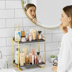 2-Tier Black and Gold Carbon Steel Bathroom Counter Organizer - Skincare Cosmetic Display Tray for Perfume, Makeup, Bathroom,