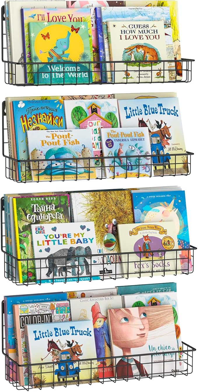 X-cosrack 4-Pack Wall Mounted Metal Kids Bookshelf, Floating Book Shelves for Kids Nursery Toddler Classroom, Hanging Book Sh