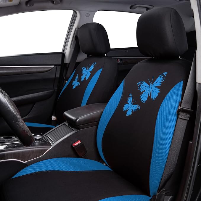 Flying Banner Butterfly car seat Covers ful Set Fashion Universal Lady Woman Female Rear Bench Split Colorized (Full Set, Blu