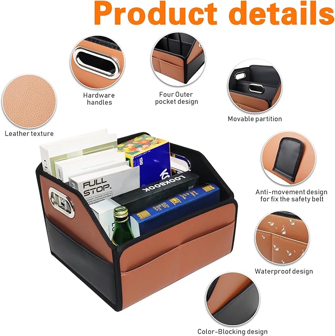 Noaman Car Organizer - 2025 Upgraded Leather Car Storage Organizer for Front Back Seat or Floor with 3 Metal Handles 6
