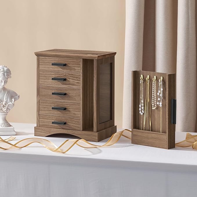 HOOBRO Jewelry Box for Women, Jewelry Organizer with Arc-Shaped Bottom, Wooden Jewelry Box, Side Transparent Window, Vertical
