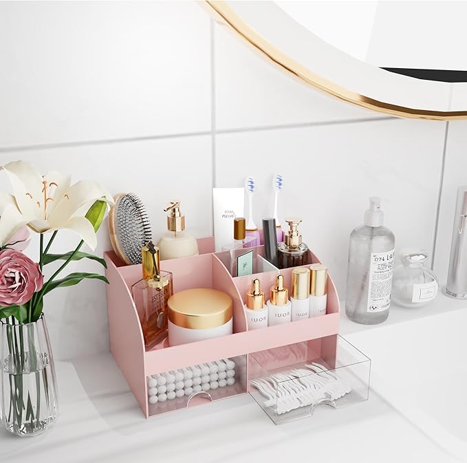 Makeup Organizer with Drawers, Cosmetic Storage for Dresser Vanity and Bathroom Countertop, Beauty Holder for Lipstick Brush,