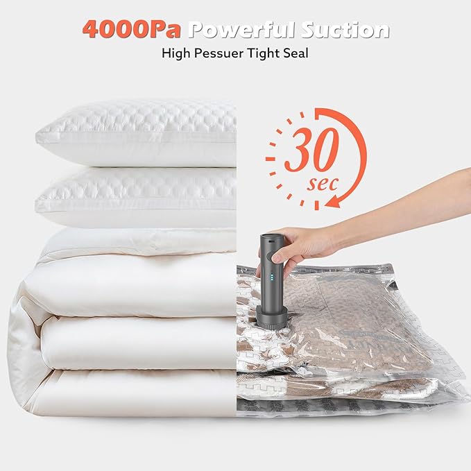 Travel Vacuum Bags with Wireless Charging Air Pump, 15 Pack Vacuum Seal Bags with 3 Sizes for Clothing Travel, Space Saver fo