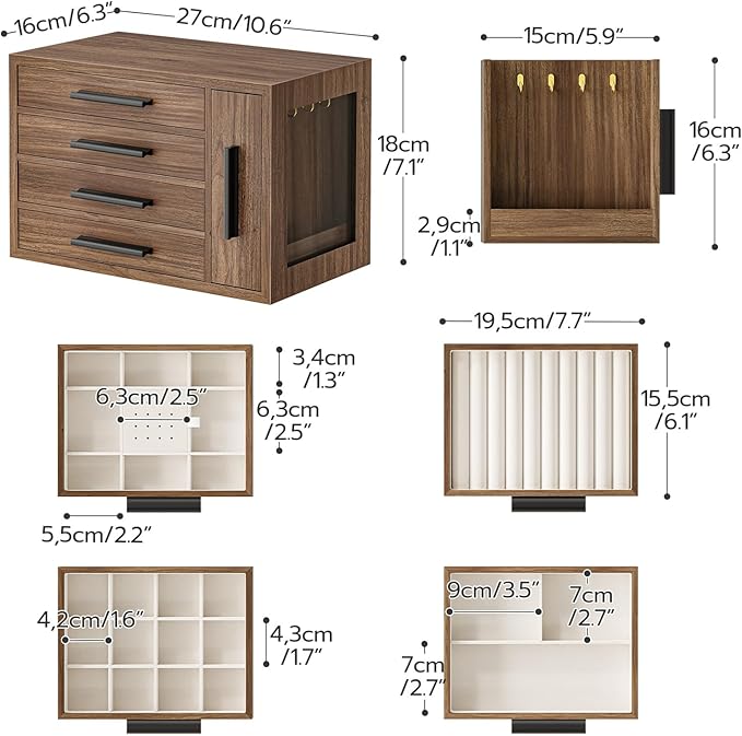HOOBRO Jewelry Box for Women, Wooden Jewelry Organizer with Transparent Window, 4-Layer Jewelry Organizer Box, Jewelry Holder