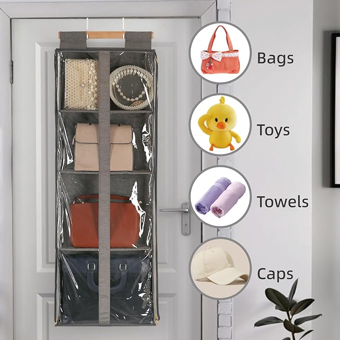 Clear Handbag Storage Organizer Dust Cover Bags-Over The Door Handbag Storage Organizer with Zippers 4 Grids Vesiable Fully E