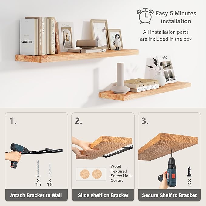 Vivelove Elm Floating Shelves for Wall Solid Wood, 24 Inches Long Rustic Wall Shelf with Invisible Bracket for Living Room Be