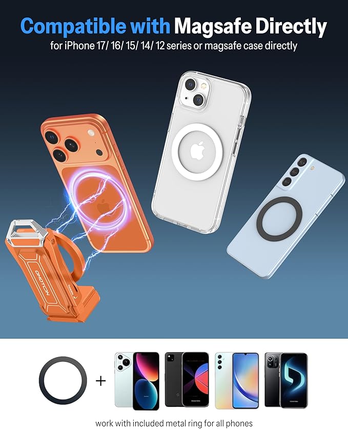 OMOTON TP02-Pro Magnetic Phone Holder for Vlogging, Content Creator Essentials with 1/4" Screw, Arca, Strong Back Magnet for Gym, Adjustable Phone Stand & Selfie Stick for iPhone 12-17 Series, Orange