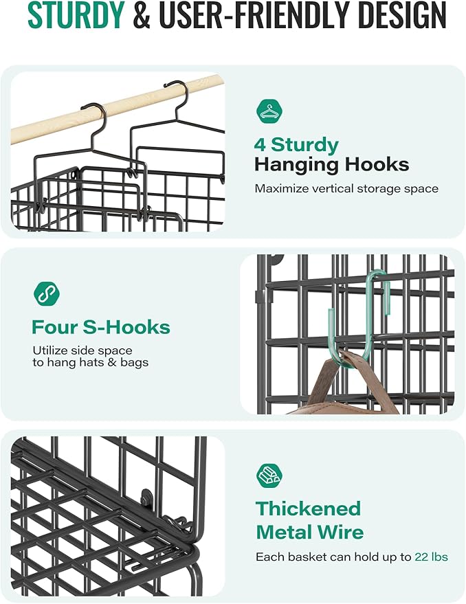 Hanging Closet Organizer, 4 Tier Metal Closet Organizers and Storage with 4 Hanging Hooks 4 S-Hooks for Wardrobe Laundry Room