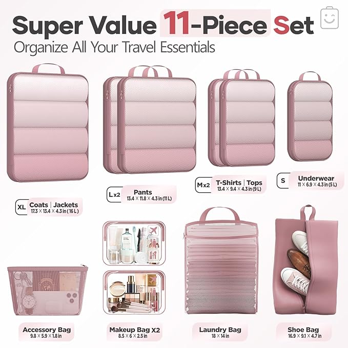 Veken 11 Set Compression Packing Cubes for Travel Essentials,Compressible Expandable Large Luggage Suitcase Organizer Bags fo