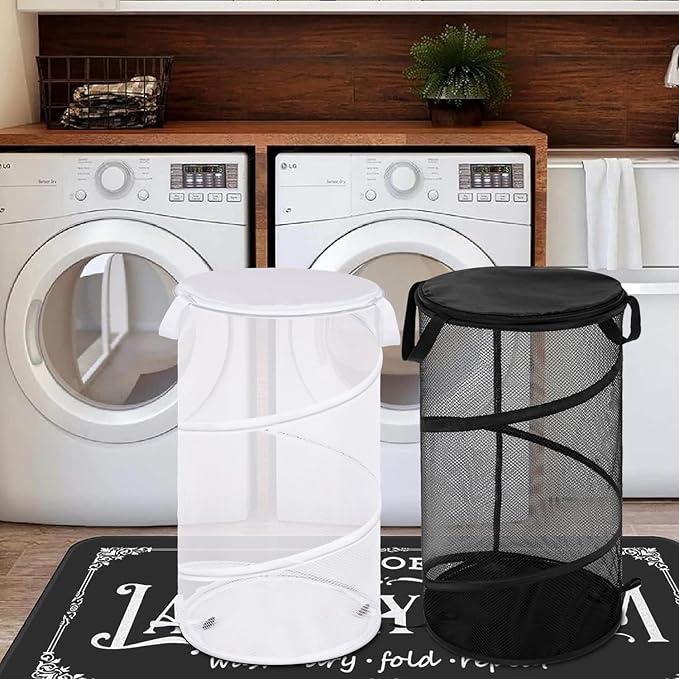 BATTOO 2 Pack Collapsible Laundry Basket with Lid Foldable Mesh Pop Up Hamper with Handles for Laundry Room, Bathroom, Kids R