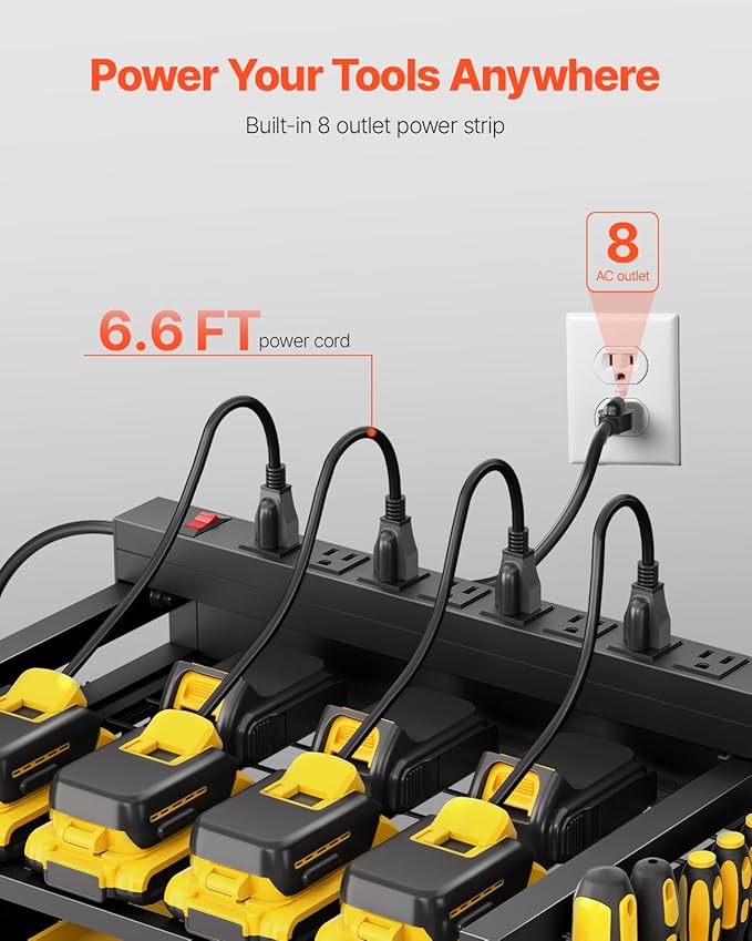 VEVOR 4-Tier Tool Organizer Cart with Charging Station, 8 AC Outlet, Floor Stand Rolling Drill Holder and Tool Battery Storag
